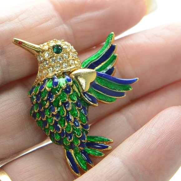 Kenneth Jay Lane KJL Gold-tone Green and Blue Enamel Hummingbird Pin Brooch - Picture 2 of 3